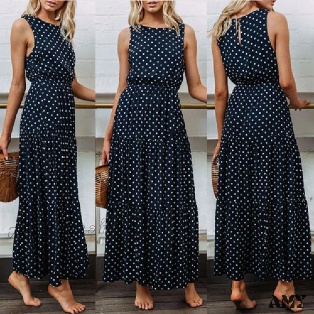 Amy Fashion - Loose Sleeveless Holiday Dot Print Long Maxi Dress - Image 2