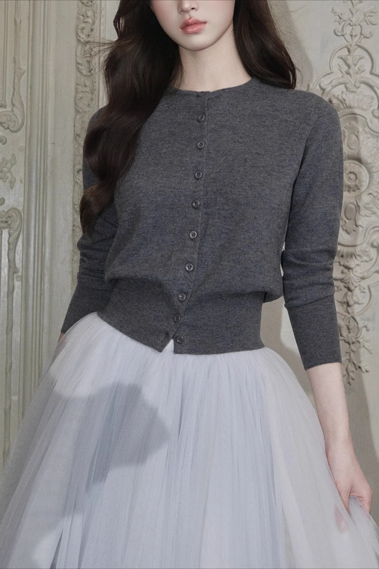 Merino Wool Slim Warm Crew Neck Long Sleeve Cardigan - Image 6