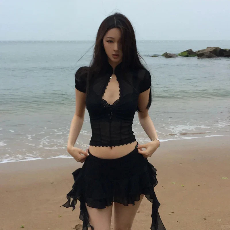 Mesh Lace Irregular Mini Skirt Two Piece Set