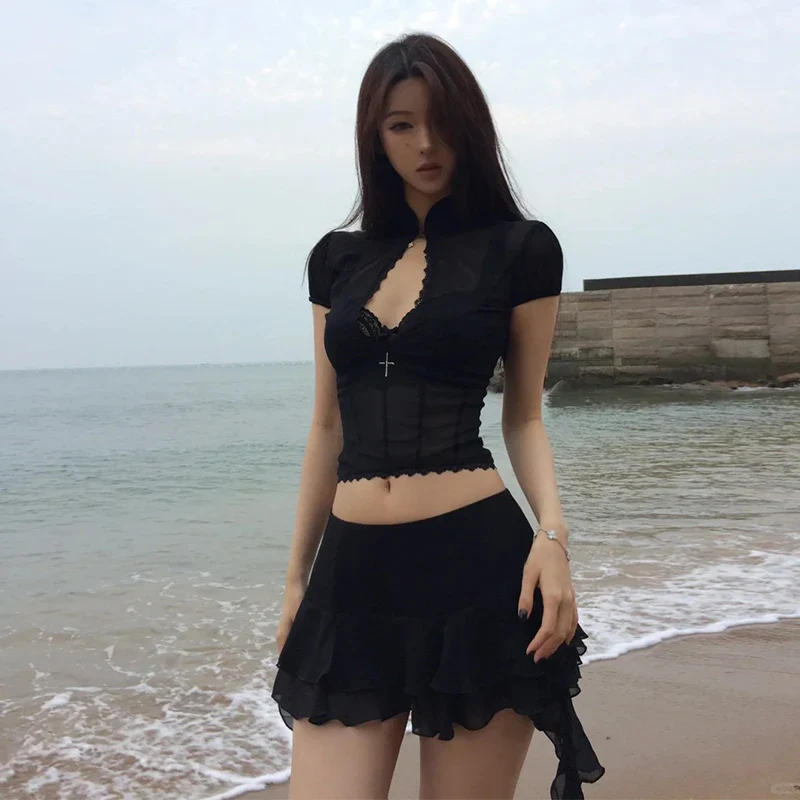 Mesh Lace Irregular Mini Skirt Two Piece Set - Image 4
