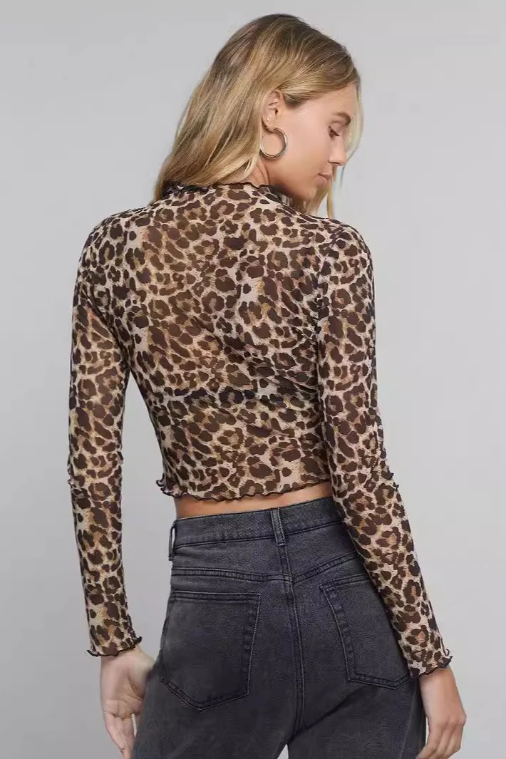 Mesh Leopard Print Stand-Collar Long-Sleeve Blouse - Image 2