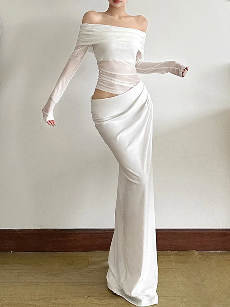 Mesh Patchwork Ruched Slash Party Dress - Image 2