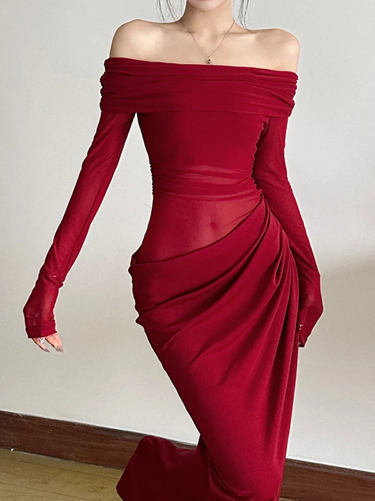 Mesh Patchwork Ruched Slash Party Dress - Image 3
