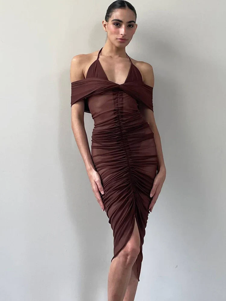 Mesh Sheer Halter Knee-Length Mini Dress - Image 3