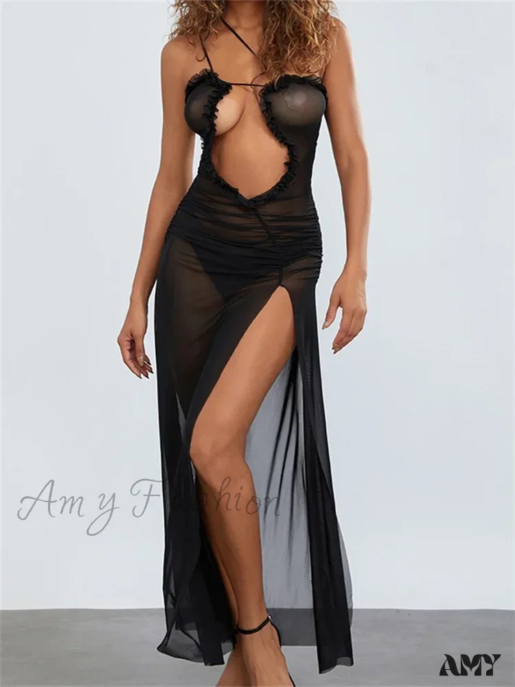 Amy Fashion - Mesh Sheer See Through  for Women Sexy Sleeveless Strap Ruffle Deep V-neck High Split Beach Cover Ups - Image 3