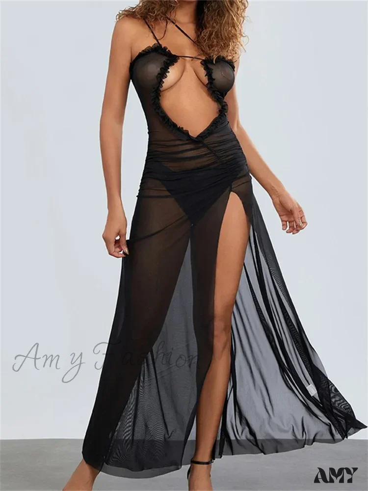 Amy Fashion - Mesh Sheer See Through  for Women Sexy Sleeveless Strap Ruffle Deep V-neck High Split Beach Cover Ups - Image 4