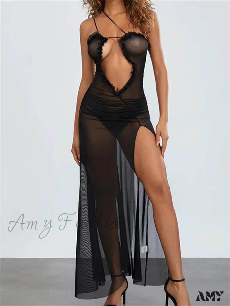 Amy Fashion - Mesh Sheer See Through  for Women Sexy Sleeveless Strap Ruffle Deep V-neck High Split Beach Cover Ups - Image 5