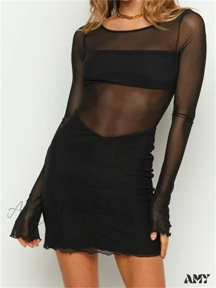 Amy Fashion - Mesh Sheer See Through Party Long Sleeve Round Mini Dress - Image 4