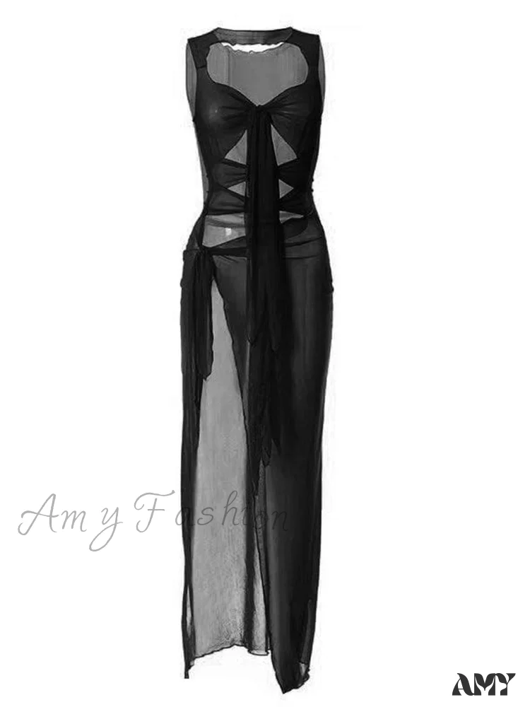 Amy Fashion - Mesh Sheer See Through Summer for Women Beach Party Clubwear Sleeveless Hollow Out Female Vestidos - Image 3