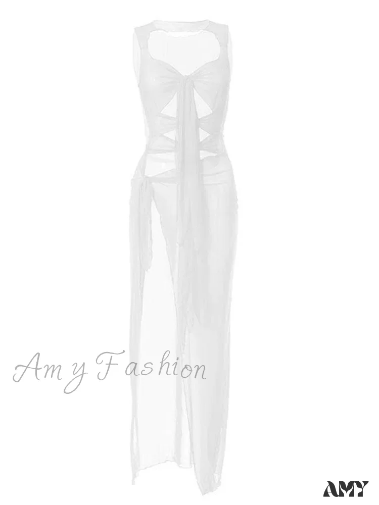 Amy Fashion - Mesh Sheer See Through Summer for Women Beach Party Clubwear Sleeveless Hollow Out Female Vestidos - Image 4