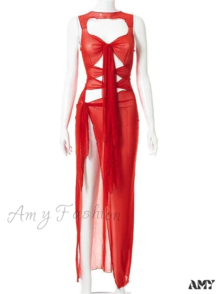 Amy Fashion - Mesh Sheer See Through Summer for Women Beach Party Clubwear Sleeveless Hollow Out Female Vestidos - Image 5