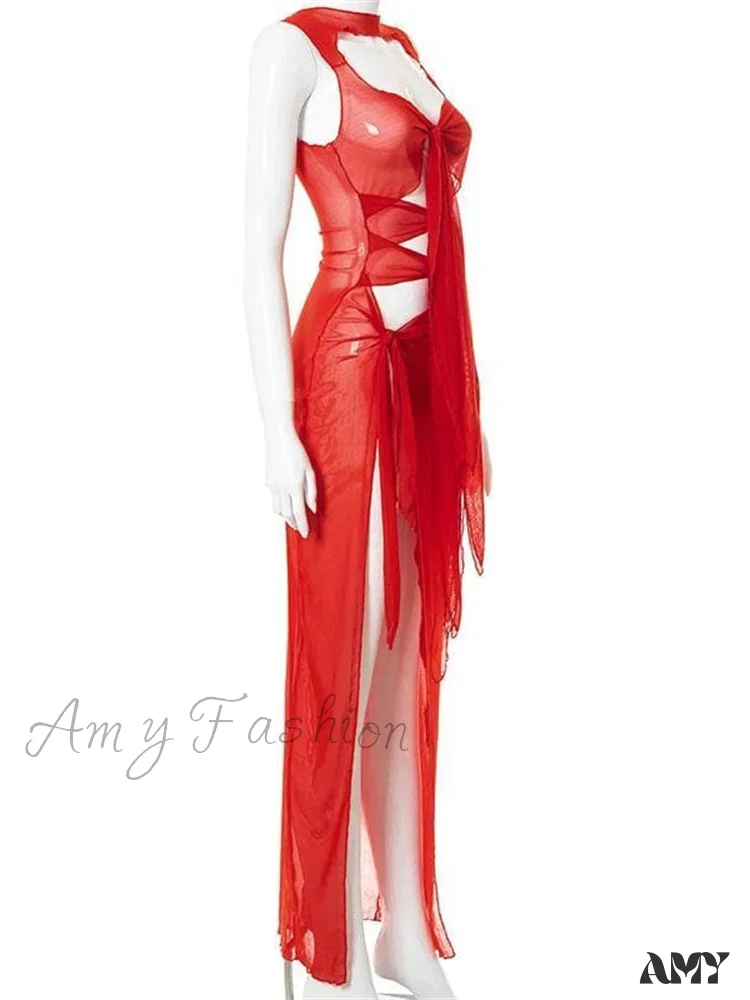 Amy Fashion - Mesh Sheer See Through Summer for Women Beach Party Clubwear Sleeveless Hollow Out Female Vestidos - Image 6