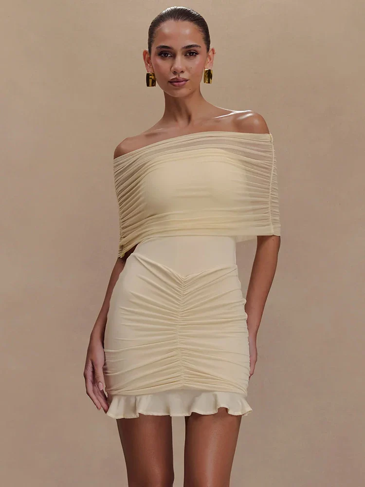 Mesh Strapless Ruffled Mini Bodycon Dress