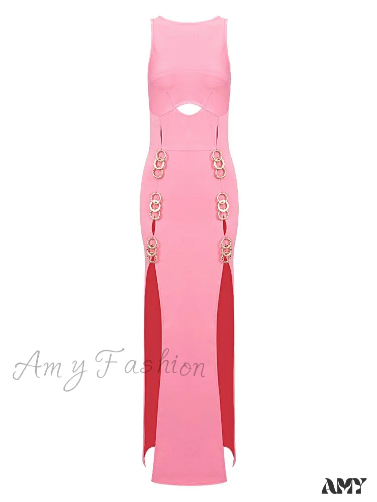 Amy Fashion - Metal Circle Design Bodycon Bandage Long Dresses - Image 4