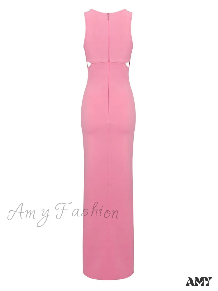 Amy Fashion - Metal Circle Design Bodycon Bandage Long Dresses - Image 5