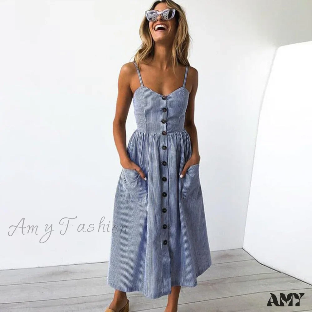 Amy Fashion - Midi Button Backless Polka Dot Striped Dress - Image 13