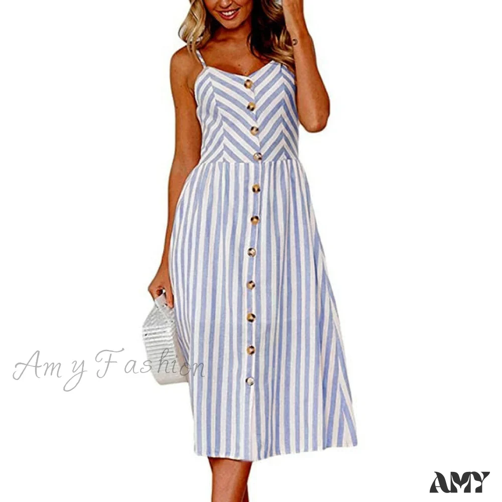 Amy Fashion - Midi Button Backless Polka Dot Striped Dress - Image 18