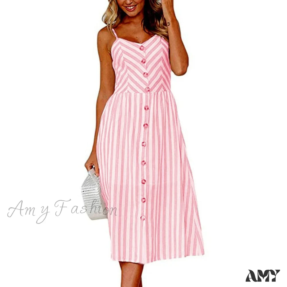 Amy Fashion - Midi Button Backless Polka Dot Striped Dress - Image 20