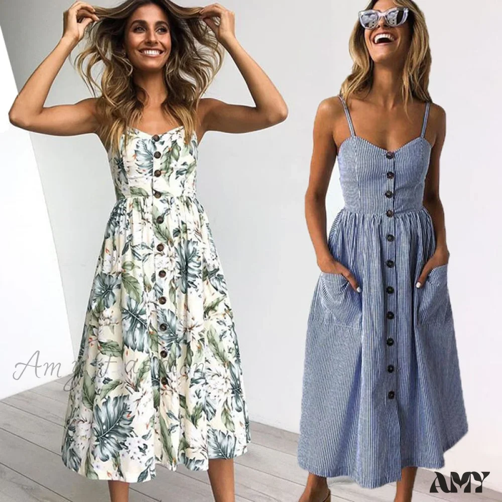 Amy Fashion - Midi Button Backless Polka Dot Striped Dress - Image 3