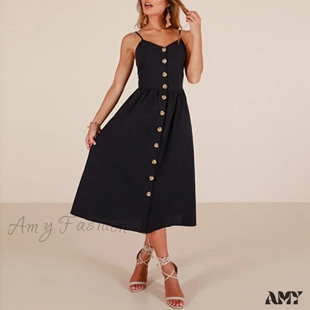 Amy Fashion - Midi Button Backless Polka Dot Striped Dress - Image 30