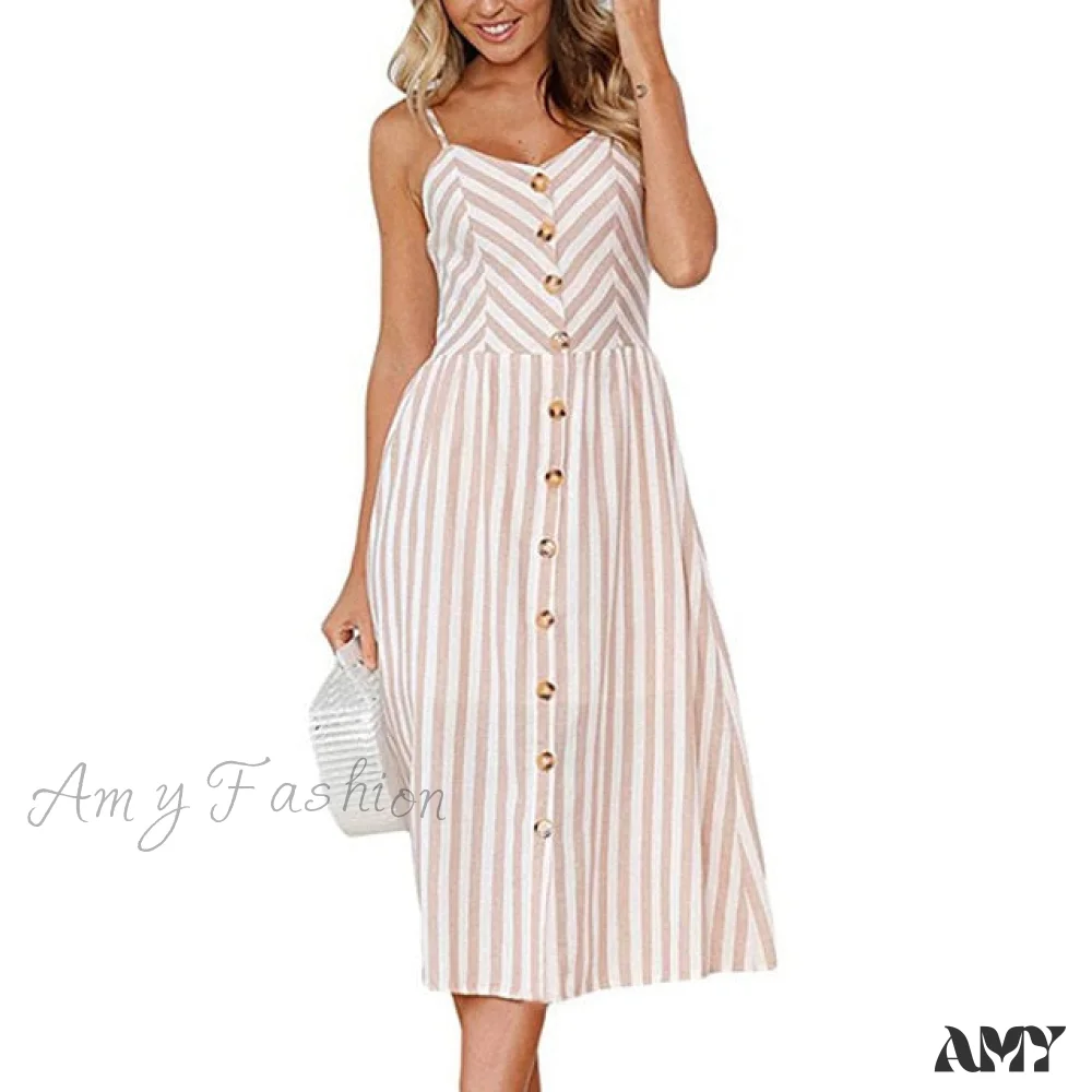 Amy Fashion - Midi Button Backless Polka Dot Striped Dress - Image 5