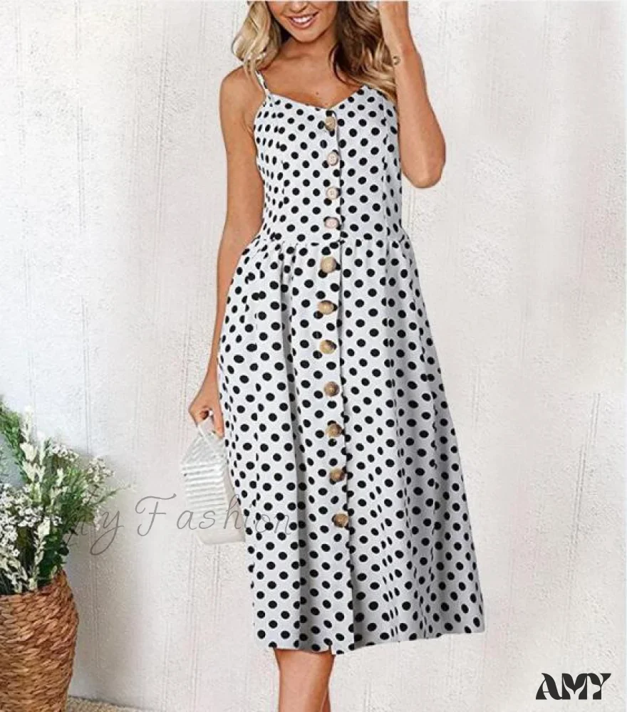 Amy Fashion - Midi Button Backless Polka Dot Striped Dress - Image 8