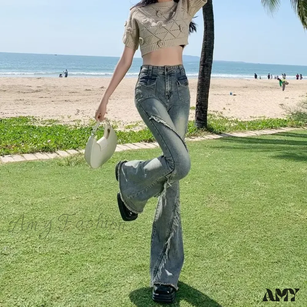 Amy Fashion - Minimalist Literary Versatile Japanese Dark Micro Flared High Waisted Fashion Jean - Image 5