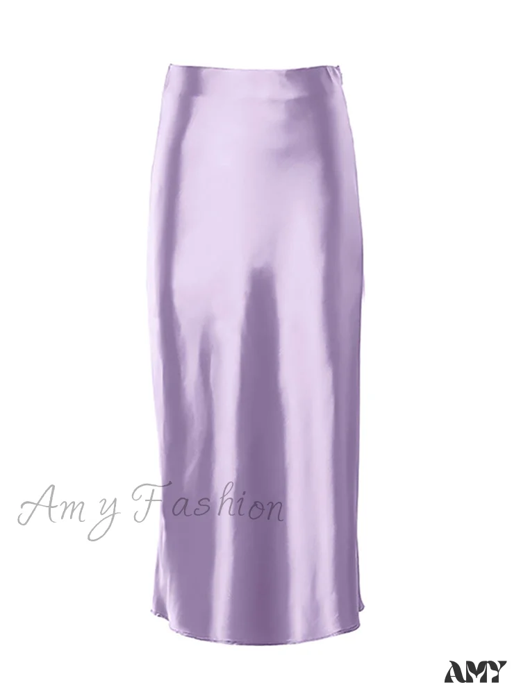 Amy Fashion - Solid Purple Satin Silk Skirt - Image 15