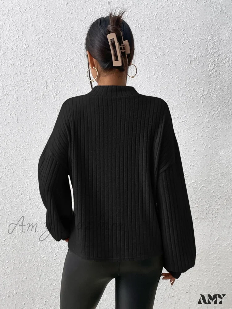 Amy Fashion - Mock Neck Drop Shoulder Tee - Image 2