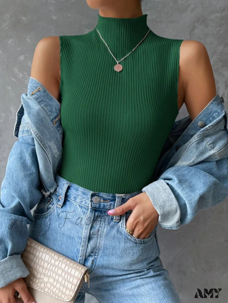 Amy Fashion - Mock Neck Ribbed Knit Tank Top - Image 14