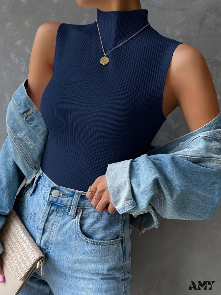 Amy Fashion - Mock Neck Ribbed Knit Tank Top - Image 18