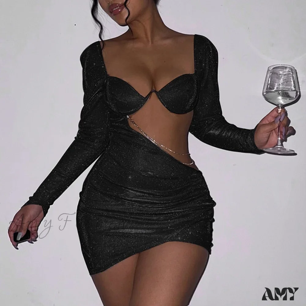 Amy Fashion - Chain Hollow Out Shiny Strapless Ruched Dress - Image 10