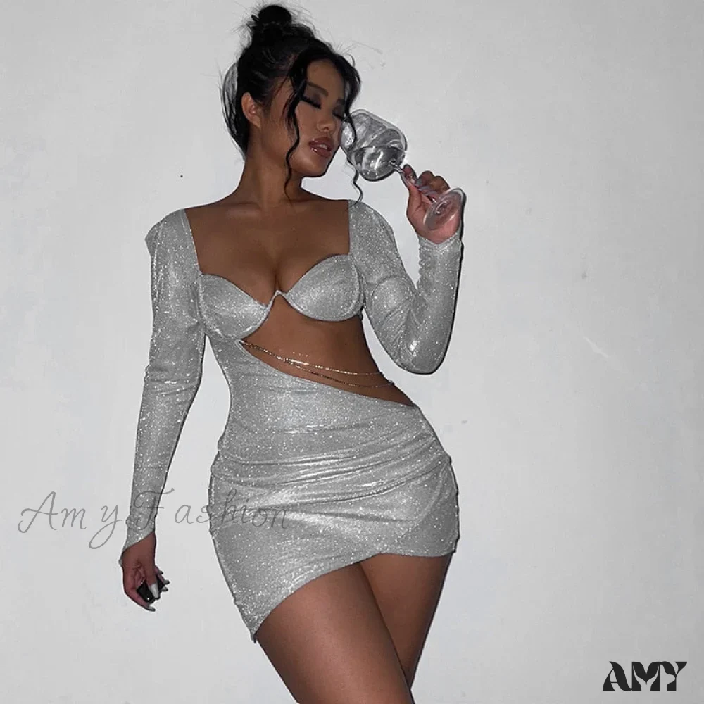 Amy Fashion - Chain Hollow Out Shiny Strapless Ruched Dress - Image 2