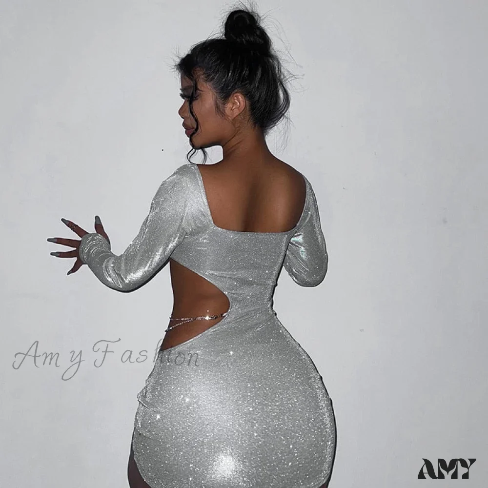Amy Fashion - Chain Hollow Out Shiny Strapless Ruched Dress - Image 7