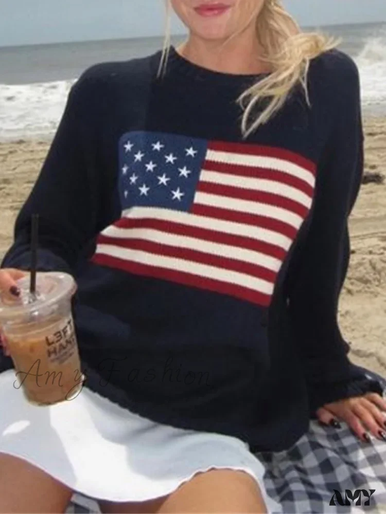 New Flag Pattern Vintage Loose Warm Long Sleeve Round Harajuku Sweater - Image 6