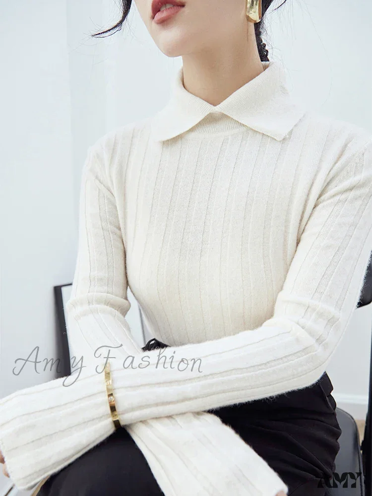 New Polo Collar Women's Knitted Long Sleeve Slim Fit Pullovers Autumn Winter Sweater - Image 2