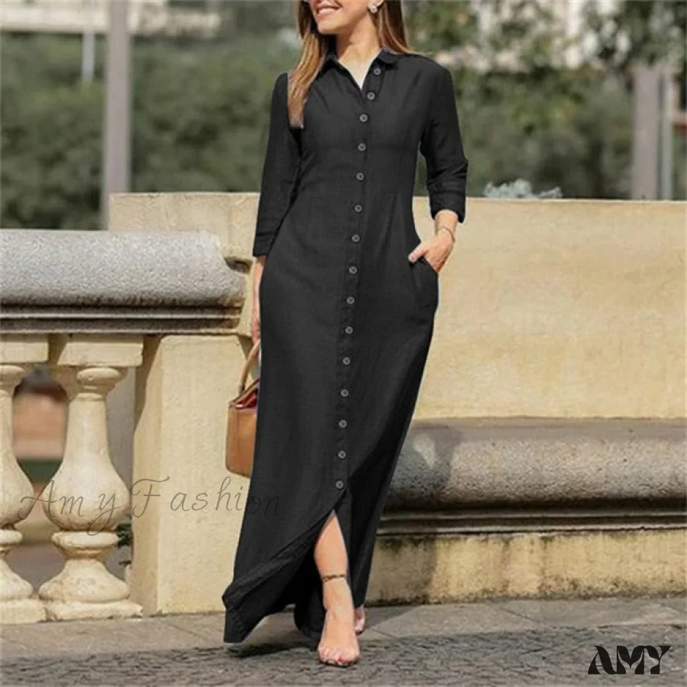 Amy Fashion - New Shirt Collar Button Long Denim Skirt Dress - Image 3