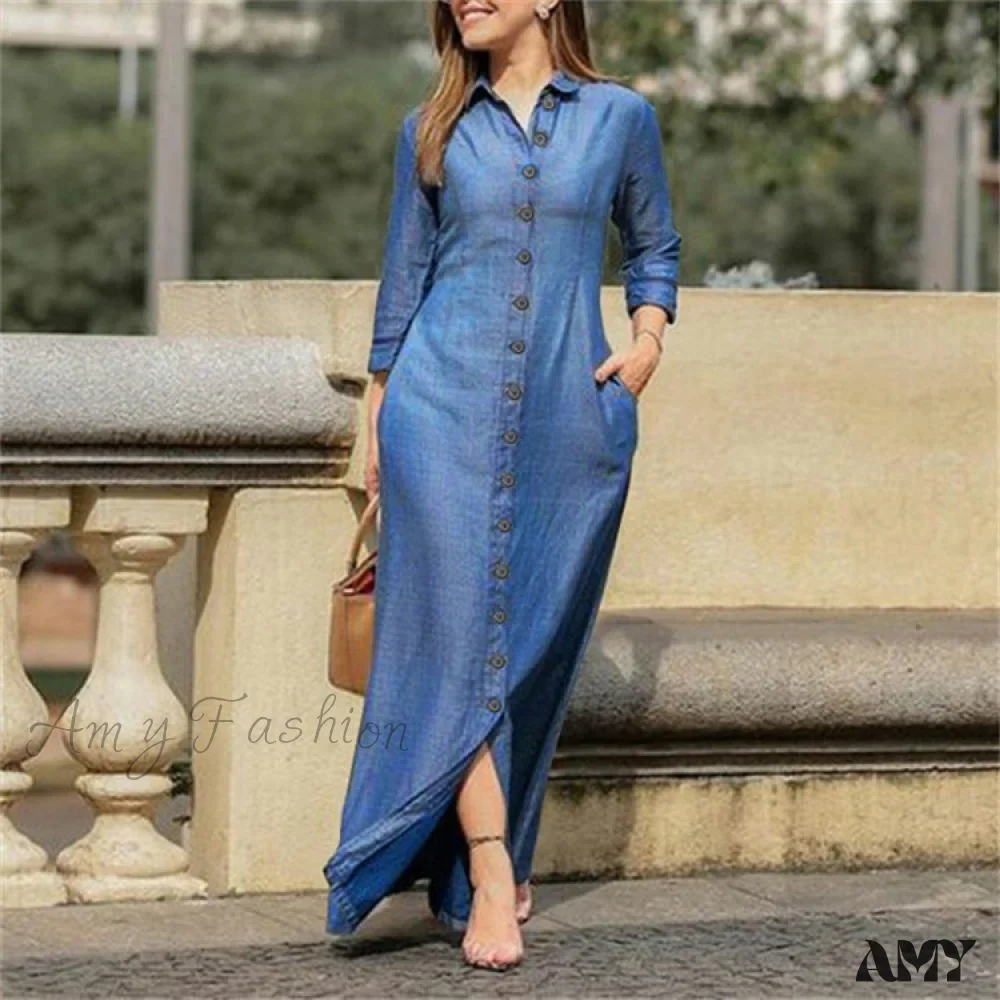 Amy Fashion - New Shirt Collar Button Long Denim Skirt Dress - Image 37
