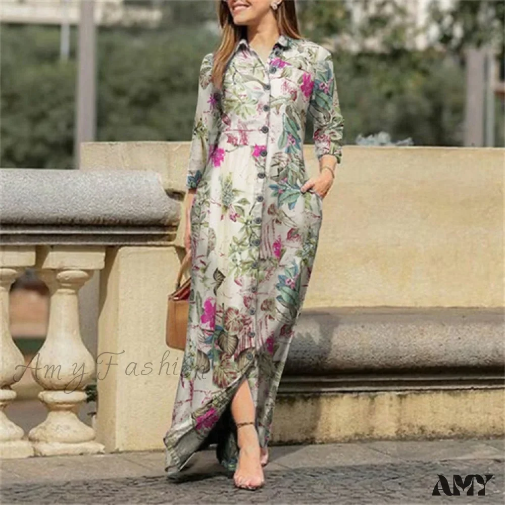 Amy Fashion - New Shirt Collar Button Long Denim Skirt Dress - Image 4