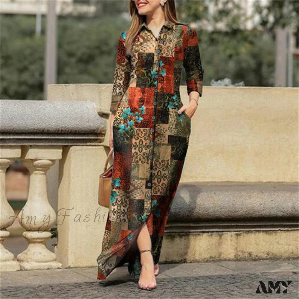Amy Fashion - New Shirt Collar Button Long Denim Skirt Dress - Image 41