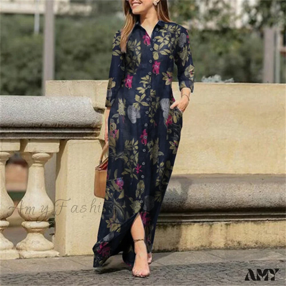 Amy Fashion - New Shirt Collar Button Long Denim Skirt Dress - Image 44