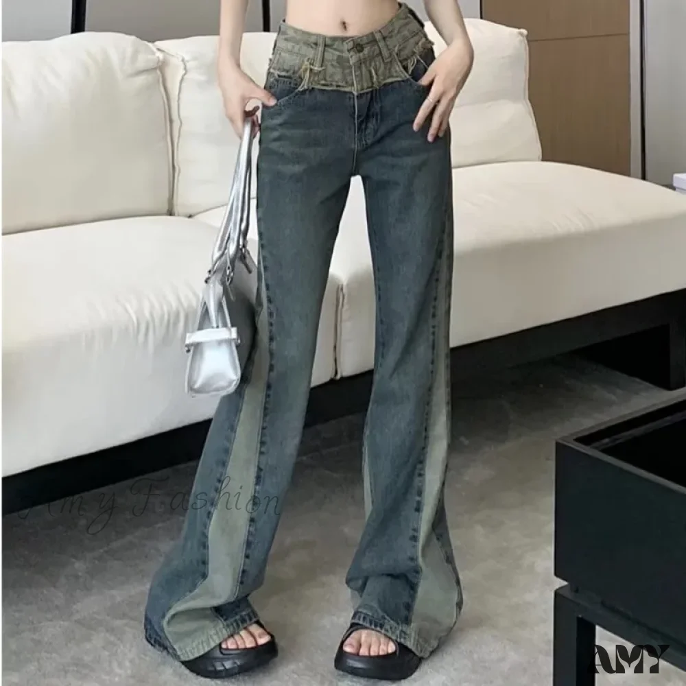 Amy Fashion - New Splice Slim Raglan Spice Girls High Waist Design Sense Small Public Show Thin Flare Jean