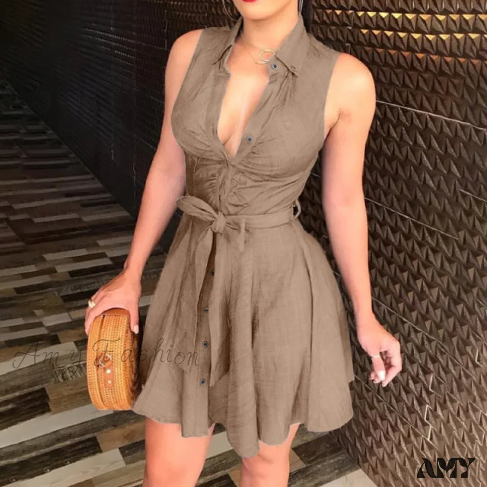 Amy Fashion - Sleeveless Shirt Slim Sexy Lace Up Button Mini Dress - Image 4