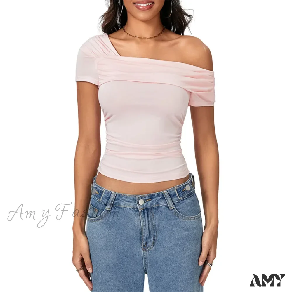 Oblique Shoulder Solid Color Sleeveless Cropped Aesthetic Streetwear Crop Top - Image 10