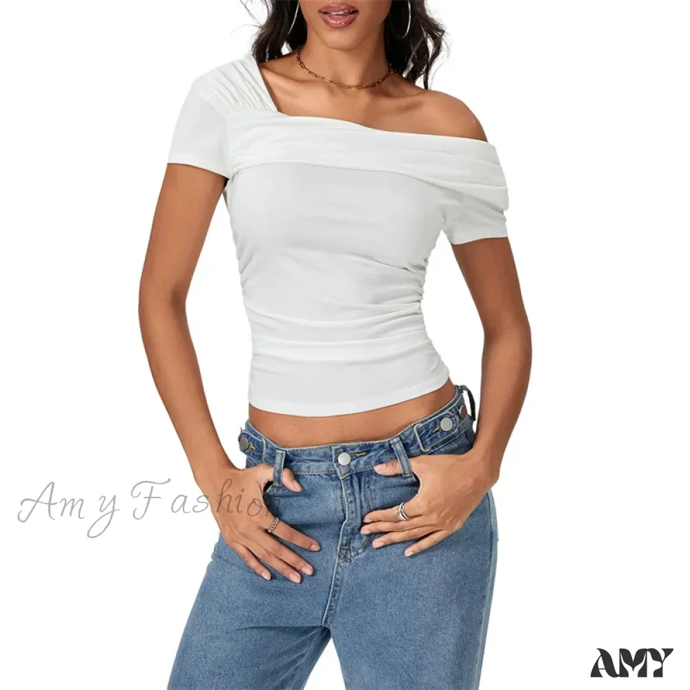 Oblique Shoulder Solid Color Sleeveless Cropped Aesthetic Streetwear Crop Top - Image 11