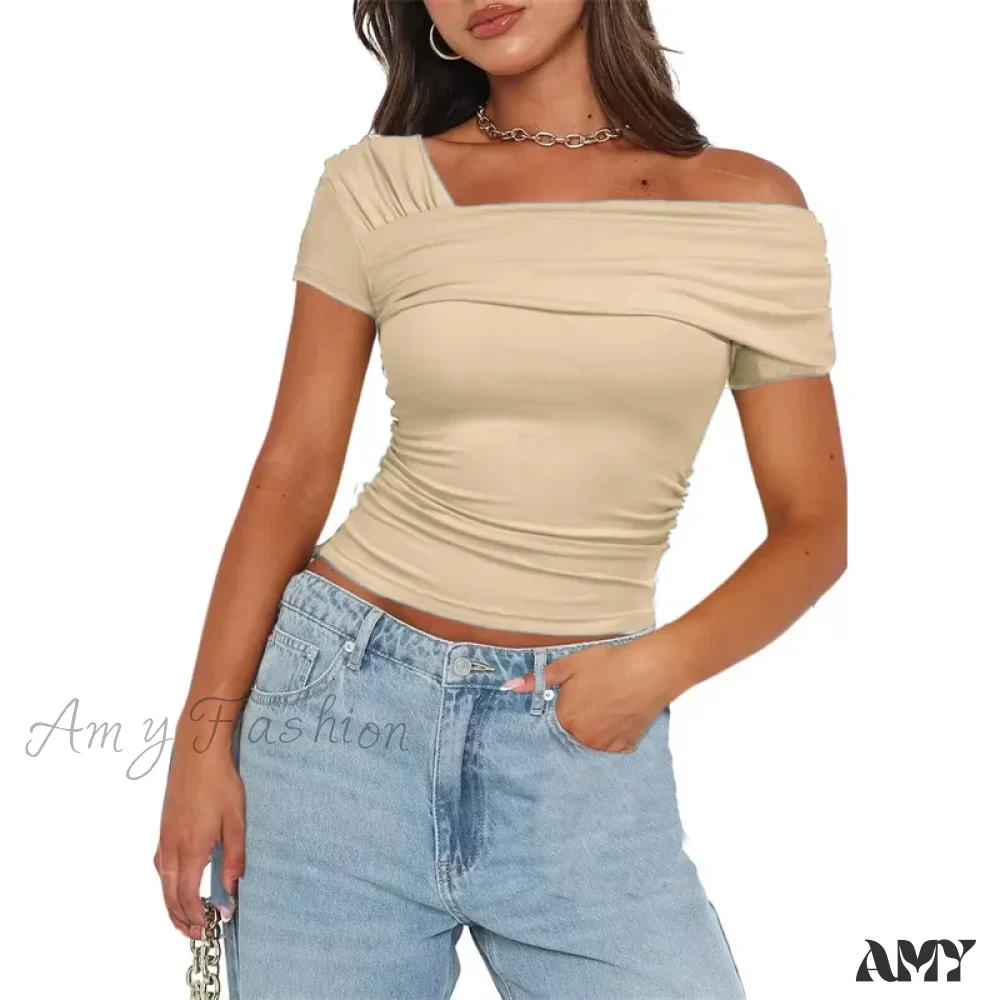 Oblique Shoulder Solid Color Sleeveless Cropped Aesthetic Streetwear Crop Top - Image 12