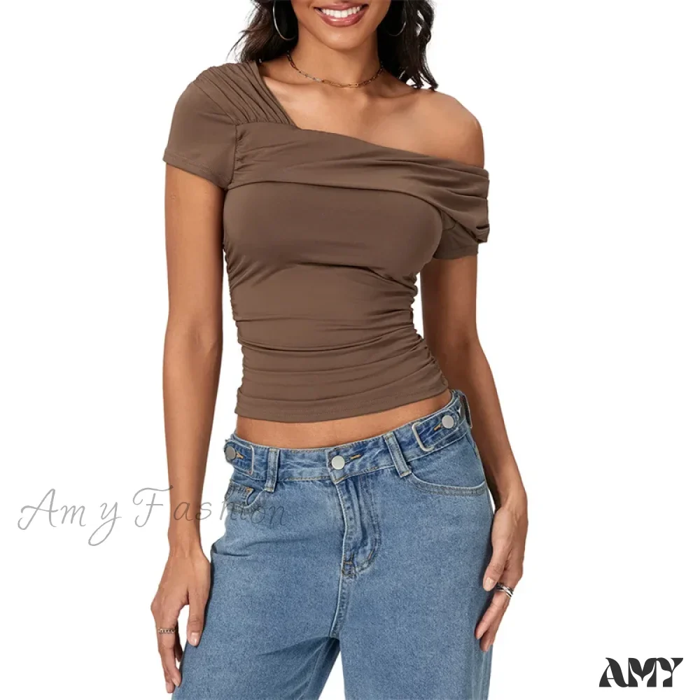 Oblique Shoulder Solid Color Sleeveless Cropped Aesthetic Streetwear Crop Top - Image 13