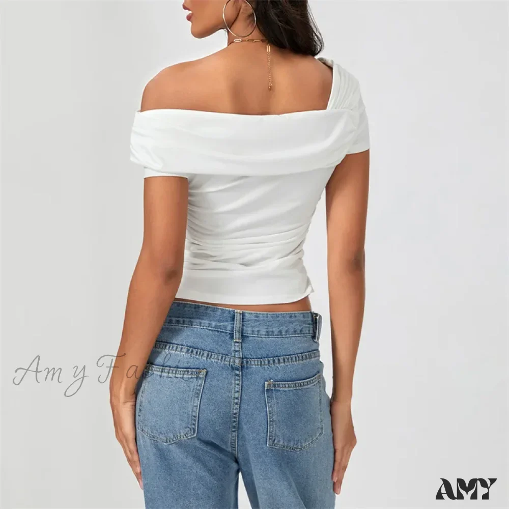 Oblique Shoulder Solid Color Sleeveless Cropped Aesthetic Streetwear Crop Top - Image 2