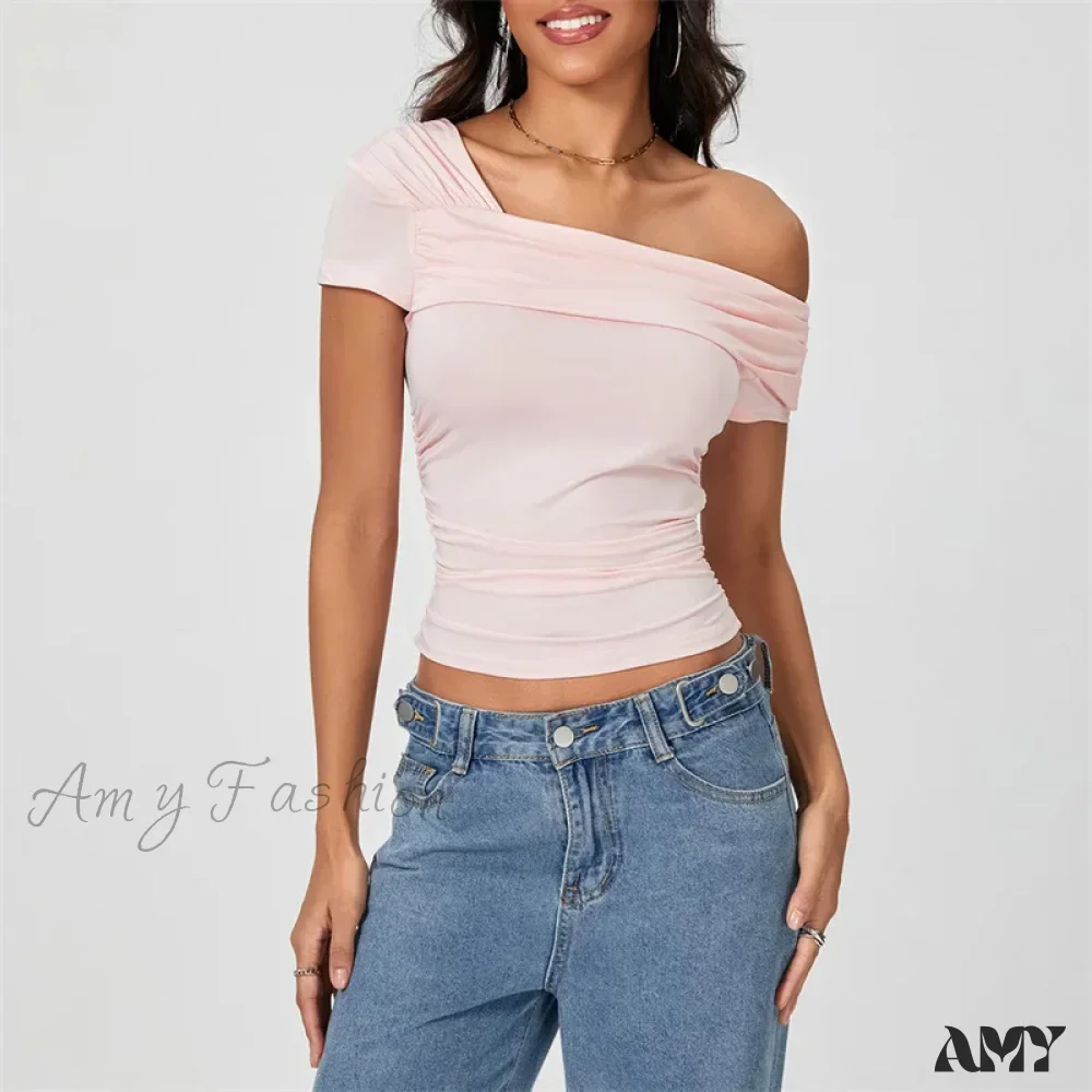 Oblique Shoulder Solid Color Sleeveless Cropped Aesthetic Streetwear Crop Top - Image 3