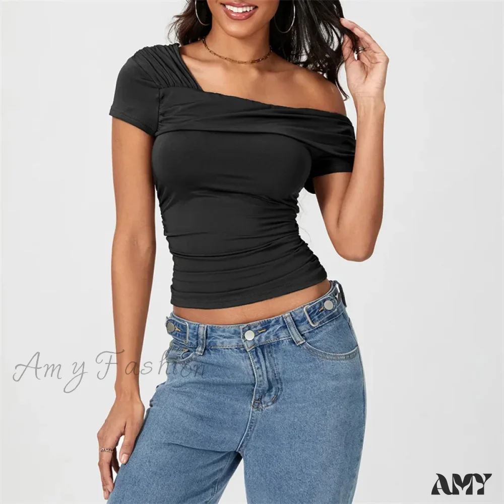 Oblique Shoulder Solid Color Sleeveless Cropped Aesthetic Streetwear Crop Top - Image 4